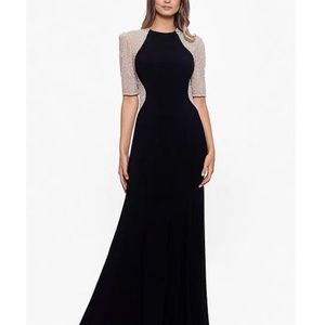 Beaded Short Sleeved Crew Neck Jersey Sheath Gown